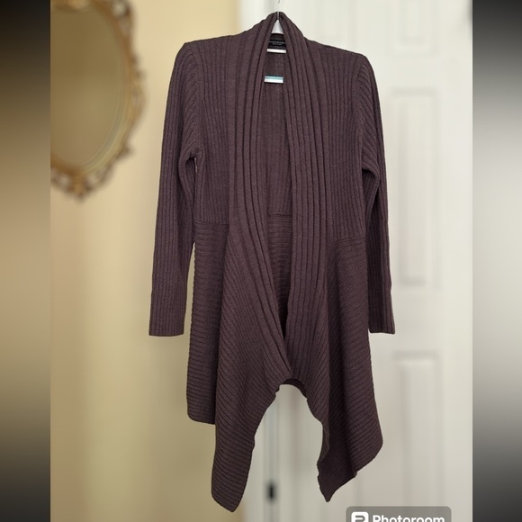 Bianco & Blu Italian Wool Waterfall Cardigan Longline Chunky Ribbed Knit Plum - Picture 1 of 12